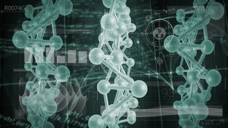 dna molecules and data charts animation over scientific research background