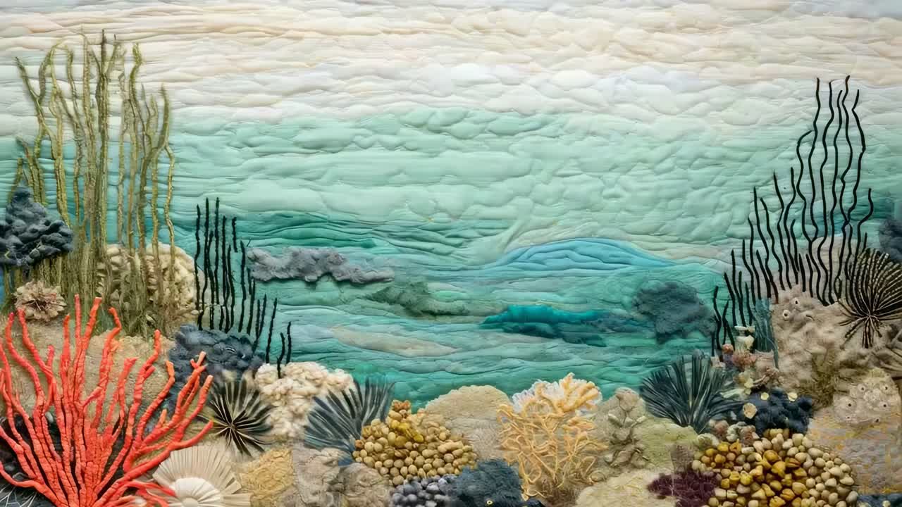 Aerial view of a vibrant, textured underwater scene, resembling a quilted tapestry