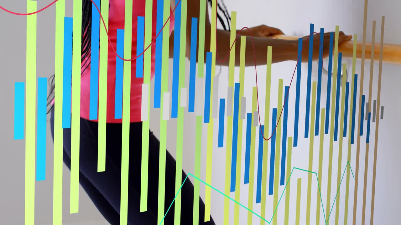 Fitness instructor placing hands on barre initiating pulsing colored bars in plie for form tracking