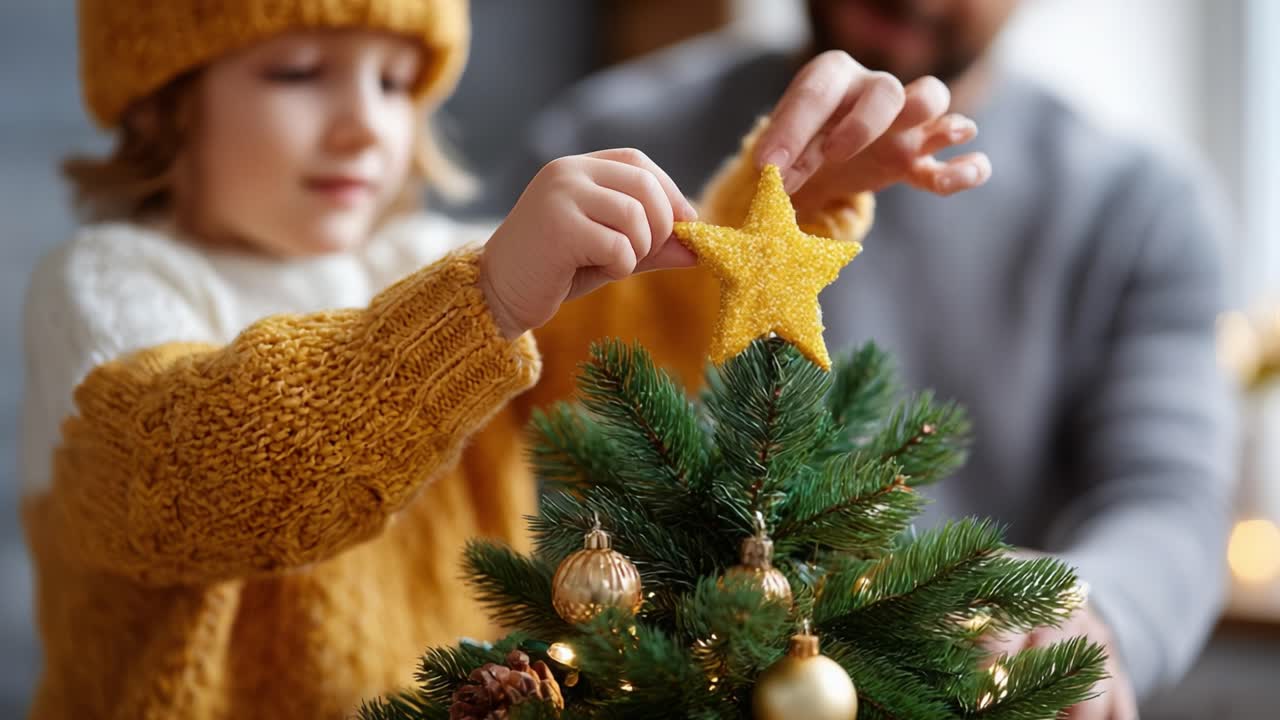 A Heartwarming Moment of Family Togetherness: A Child Delicately Places a Star Ornament on a Christmas Tree, Celebrating the Spirit of the Holiday Season