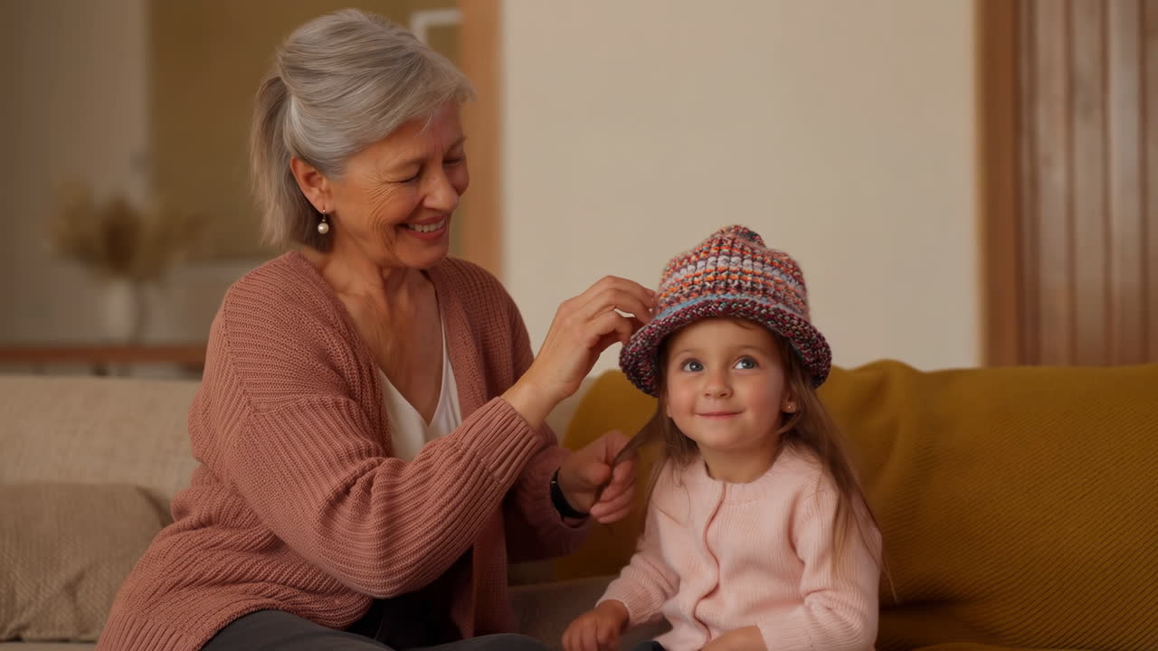 Happy Grandmother Puts Knitted Hat on Smiling Granddaughter's Head