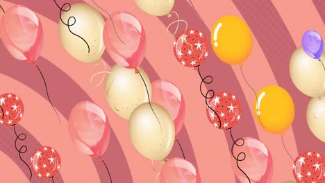 animation of colorful balloons flying over pink background