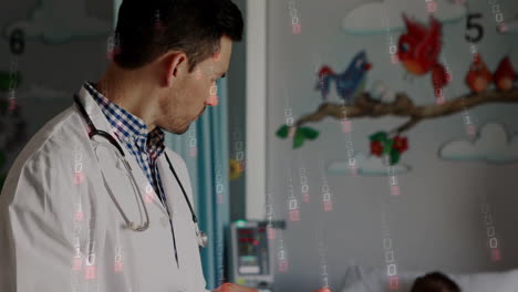 doctor wearing stethoscope holding tablet by child patient bed, showing animated health graphs