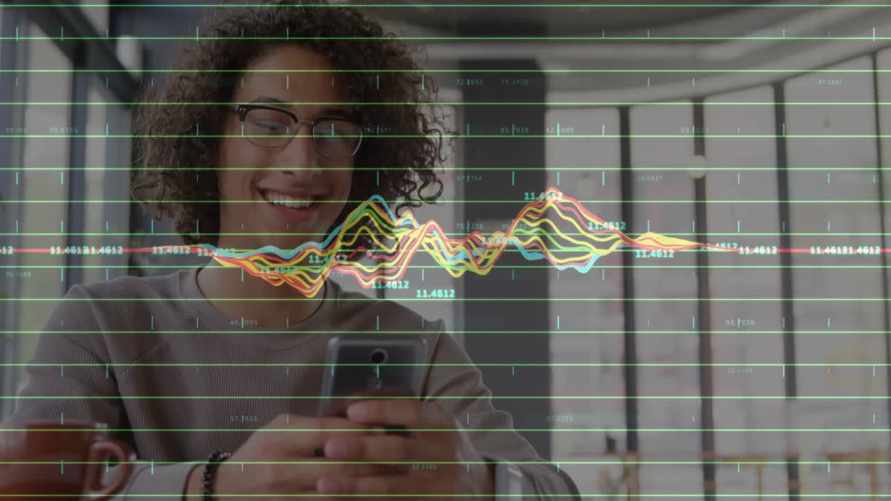 Man scrolt door financiële gegevens op de telefoon en tikt, wat een zwevende grafiek veroorzaakt die een stijgende trend benadrukt.
