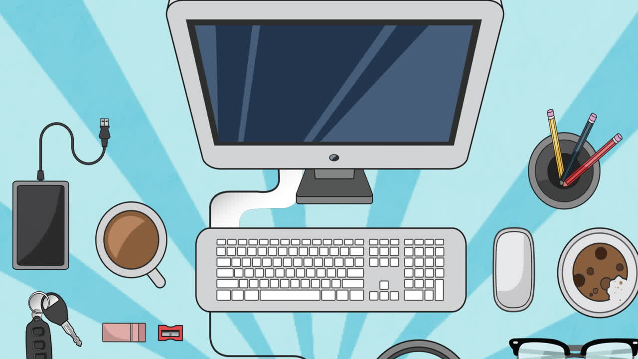 анимация компьютерных и офисных предметов над синими вращающимися полосами