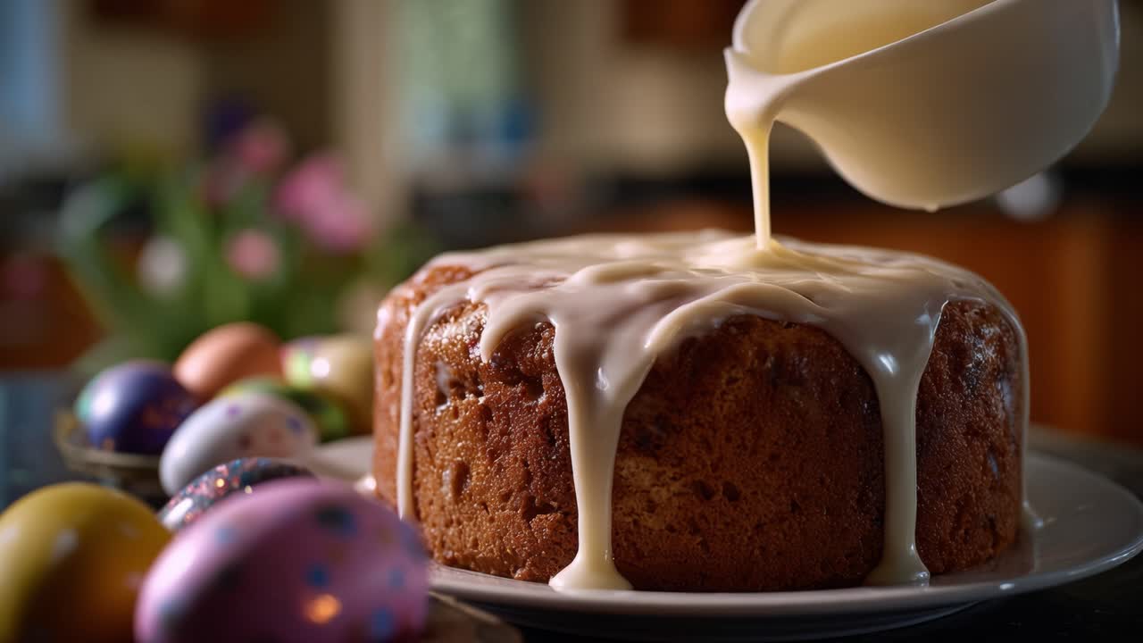 Deliciously Decorated Cake with Creamy Icing and Colorful Easter Eggs, Capturing the Joy of Festive Celebrations in a Homey Kitchen Environment