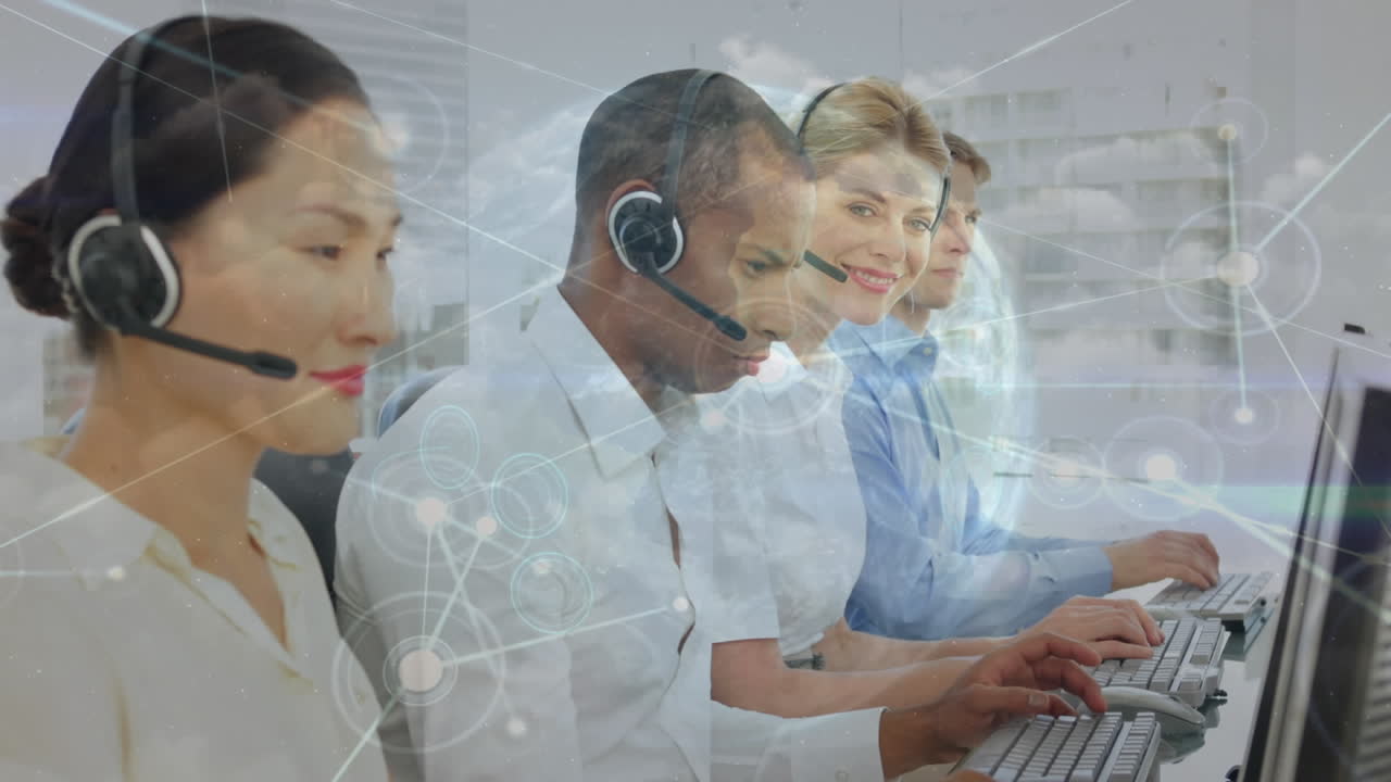 Animation of network of connections and globe over business people using phone headsets
