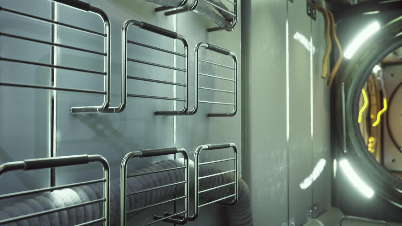 Futuristic space station interior with sleek metal design and bright lighting