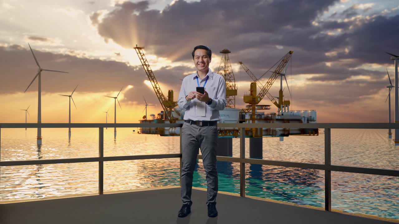 cuerpo lleno de un trabajador profesional masculino asiático de pie con su teléfono inteligente con producción de hidrógeno en alta tecnología, instalación industrial, está mirando a la cámara con una sonrisa