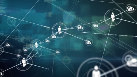 animation of network of digital icons and data processing against square shapes on blue background