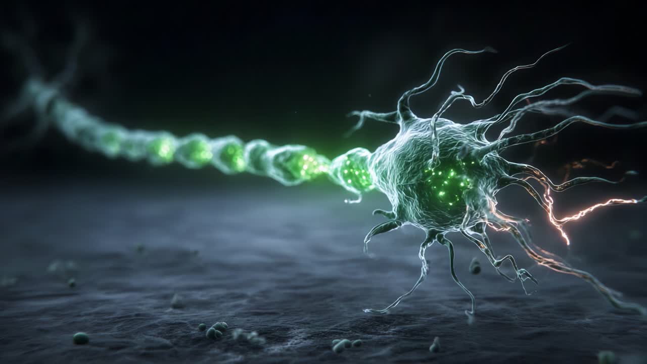 Close-up Visualization of a Neuron in Action with Glowing Synapses and Neural Connections Showcasing Complex Biological Processes in a Digital Art Style