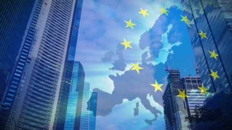 animation of european union flag and map over cityscape