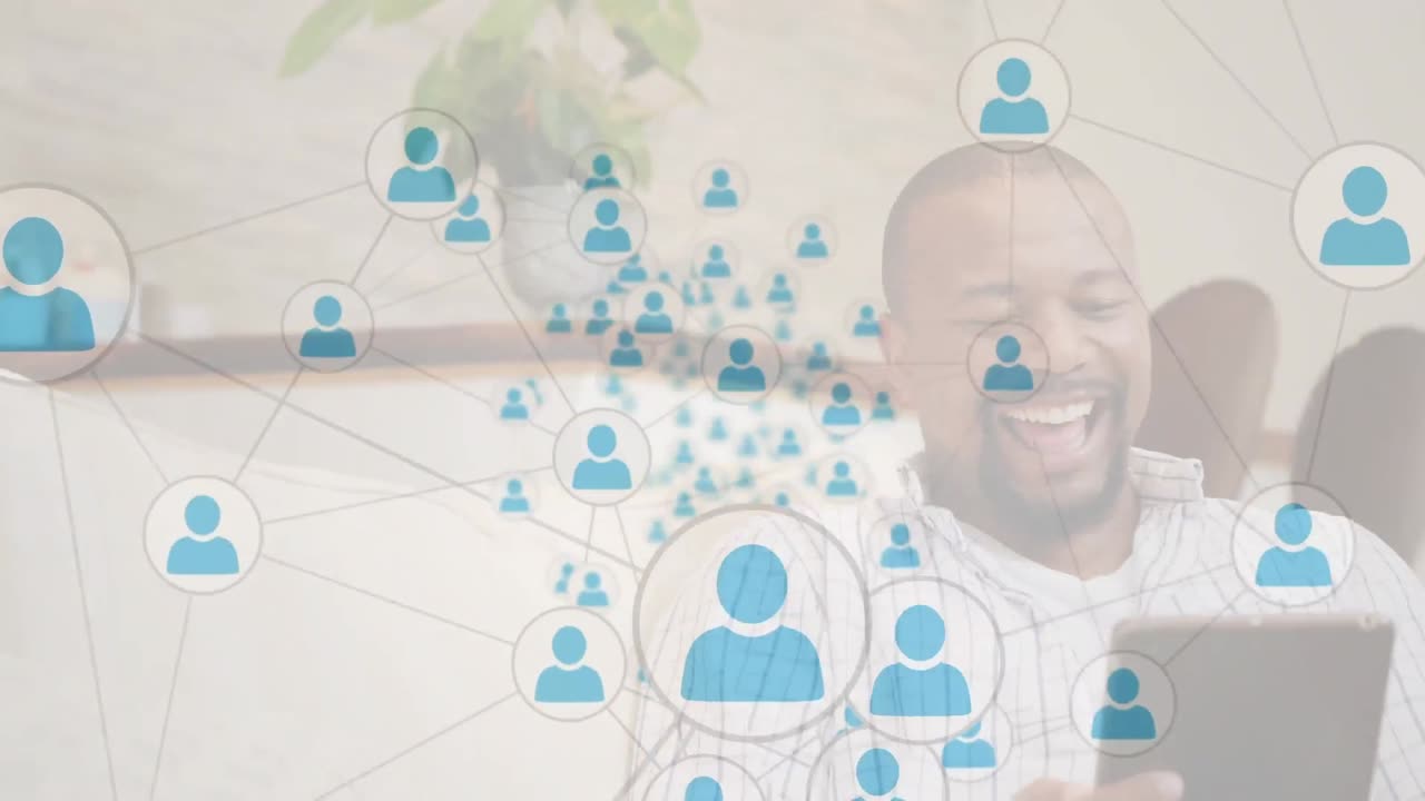 animación de redes de conexiones con iconos sobre el hombre usando tableta