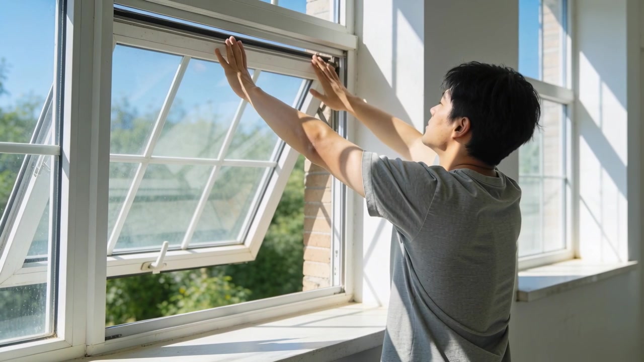 Adjusting man in grey tee reaching sliding awning sash to secure open interior window, copy space