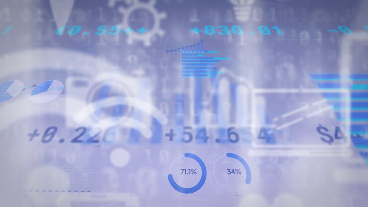 Animation of line with financial data processing over digital interface icons