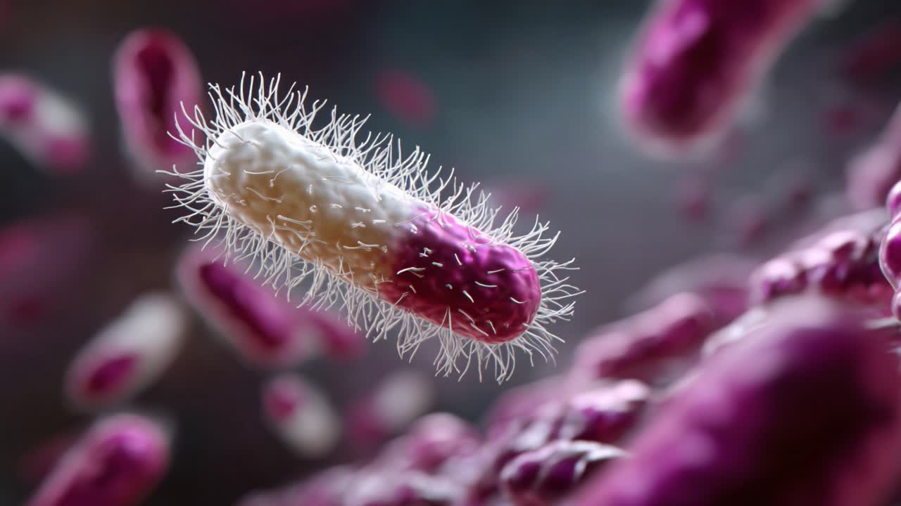 Detailed microscopic view of a vibrant bacteria, showcasing its unique structure with intricate hair-like protrusions and vivid coloring in a biological environment