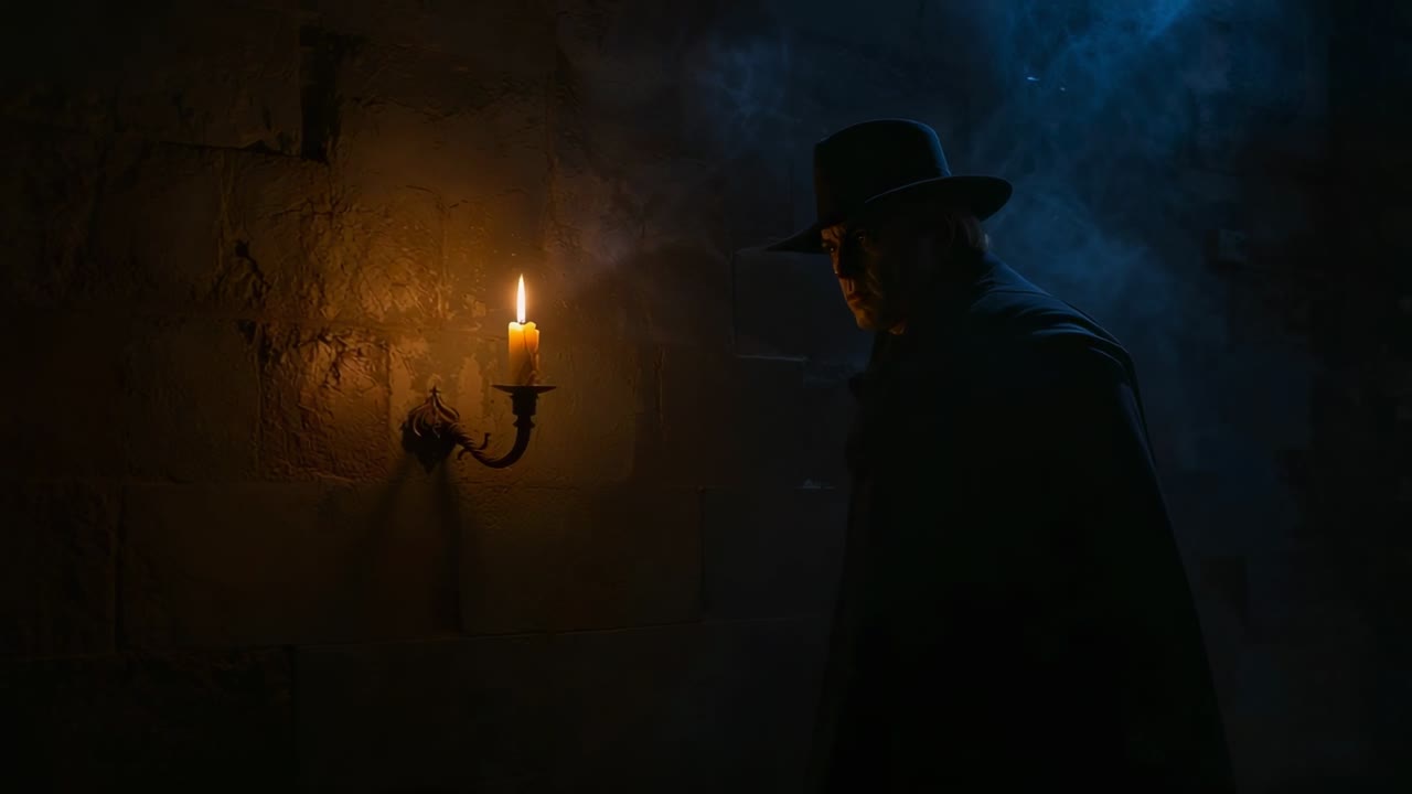 Entering corridor by candle man wearing widebrim hat cloak examining wall iron sconce moving deeper