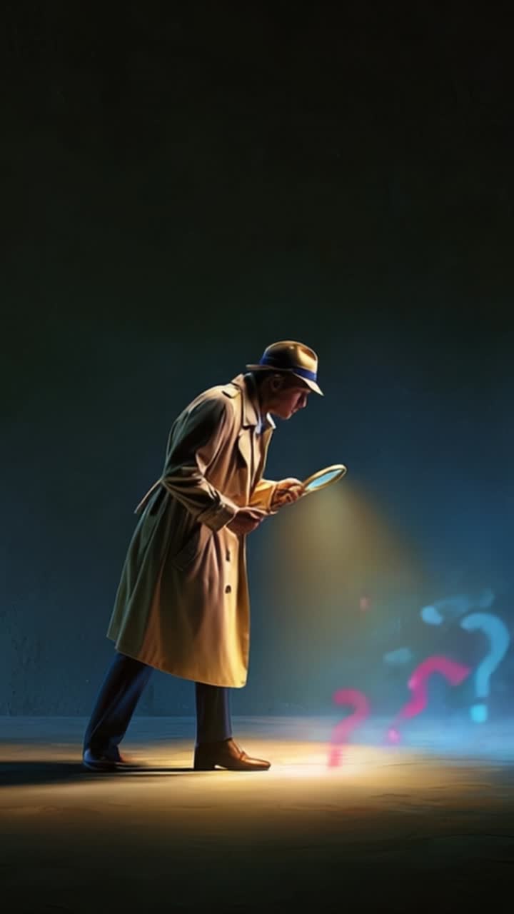 Un detective che indaga su un mistero con una lente d'ingrandimento in uno spazio oscurato, illuminato da un fascio di luce e sfumature colorate sullo sfondo.