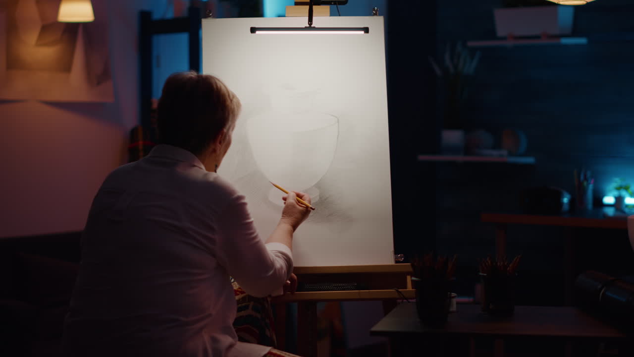 Old woman with creative skills drawing professional artwork