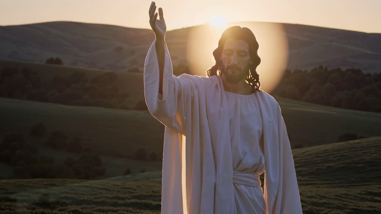 A serene video scene of a figure in white robes with a halo, captured at sunset