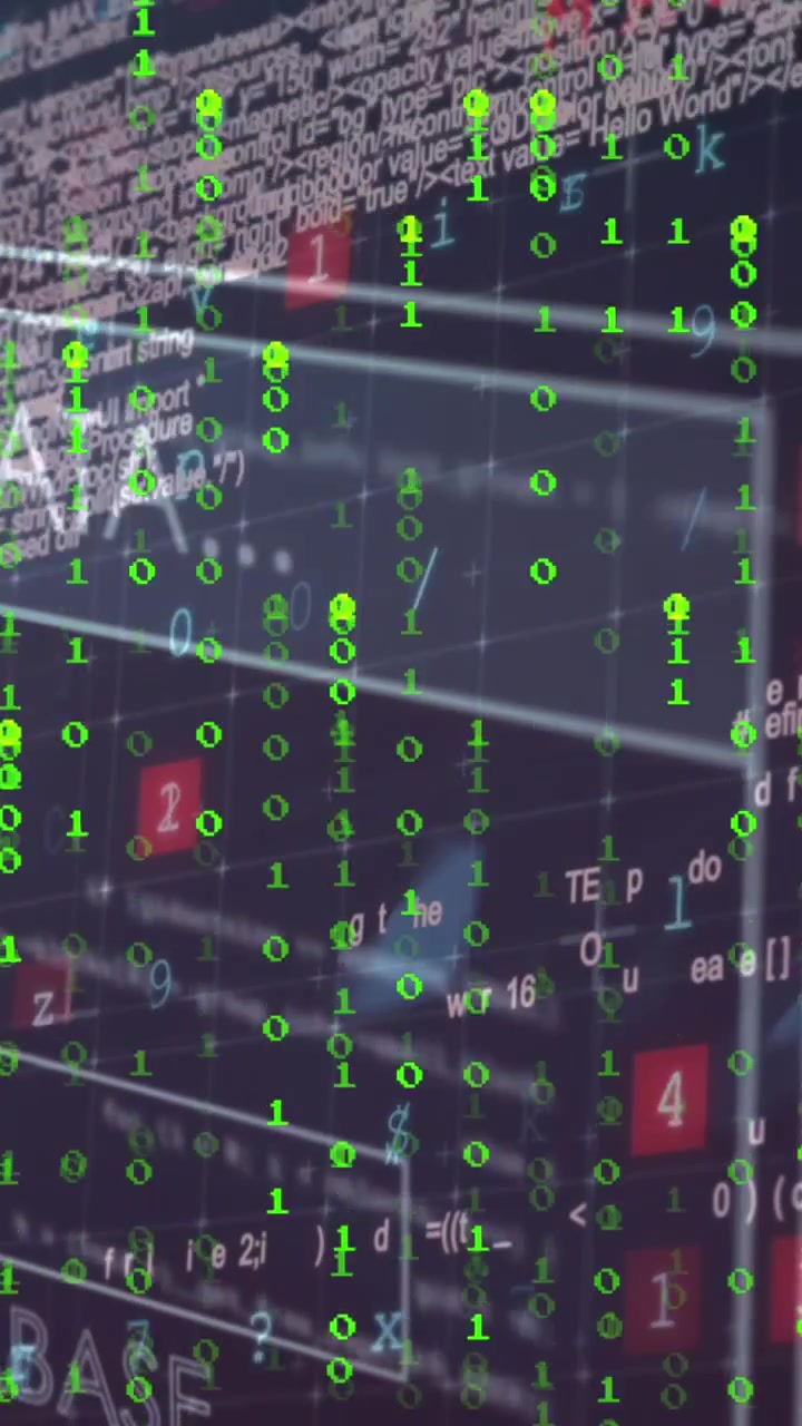 Animation of binary coding over interface with data processing against black background