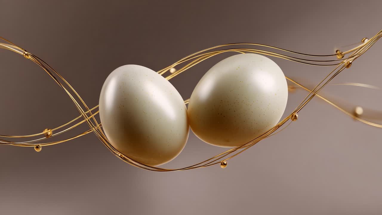 Two Elegant Eggs Displayed with Delicate Gold Curves, Creating an Artistic Composition Perfect for Celebrating Life, New Beginnings, and Natural Beauty