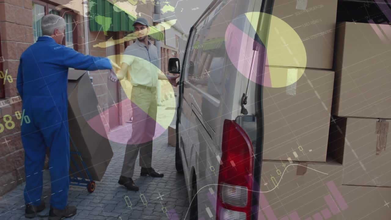 통계 및 금융 데이터 처리의 애니메이션 배달 남자와 밴