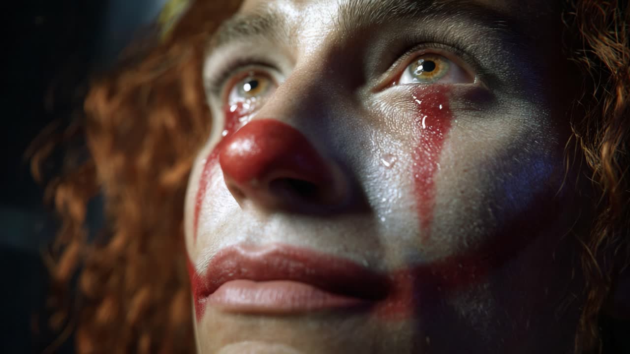 Un clown emozionale: catturare la profondità dei sentimenti con lacrime e trucco facciale in un ritratto accattivante di vulnerabilità ed espressione