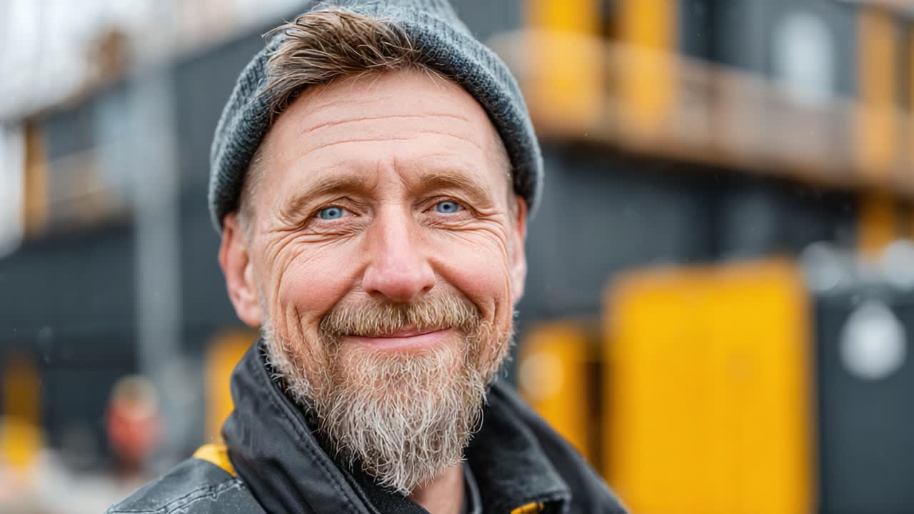 An Engaging Portrait Capturing a Man with a Friendly Smile, Set Against a Background of Industrial Yellow and Gray Structures, Radiating Positivity and Warmth