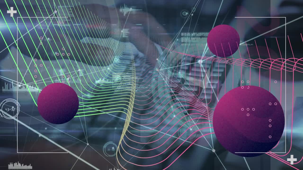 Animation of data processing and network of connections with shapes over hands typing on keyboard