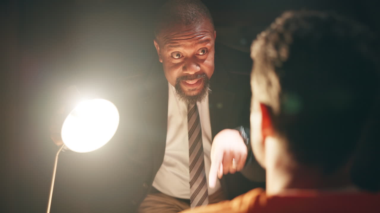 Interrogation scene with detective and suspect