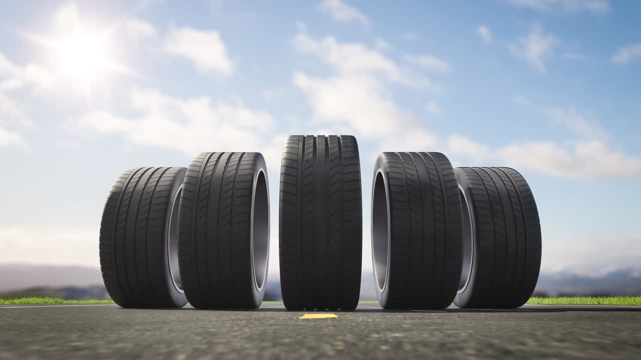 여름에 아스팔트 위에 굴러가는 루프 자동차 타이어