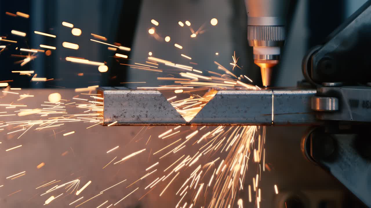 CNC-Laserschneiden von Metall, moderne industrielle Technologie zur Herstellung von industriellen Details. Aufgenommen mit einer Superzeitlupenkamera mit 1000 Bildern pro Sekunde