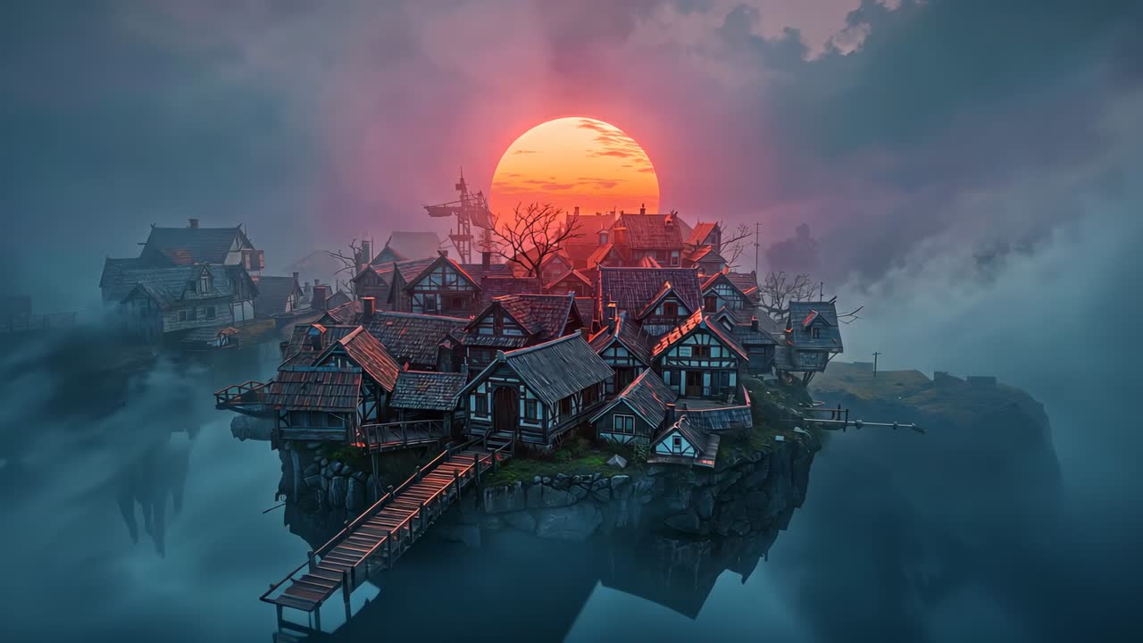 Pulling back camera revealing two stilt shacks and timber houses on rocky islet, sun backlighting