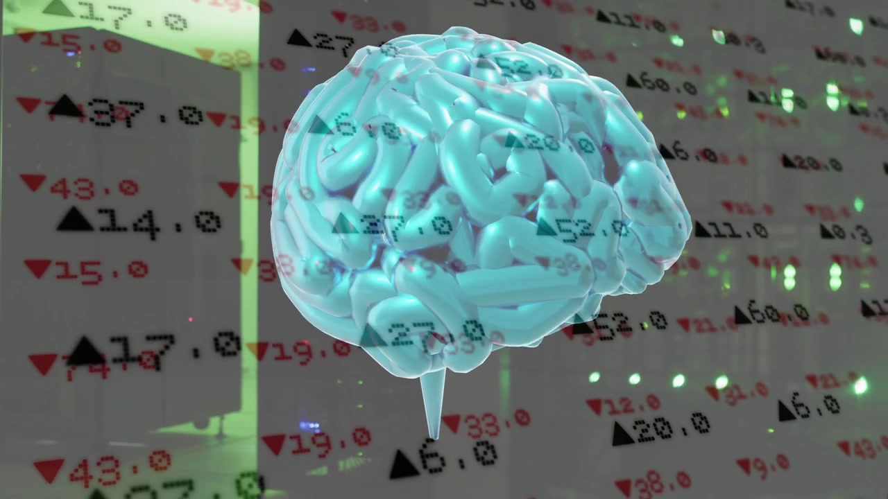 cyan 3D brain rotating while market tickers projecting on surface on start, visualizing trends
