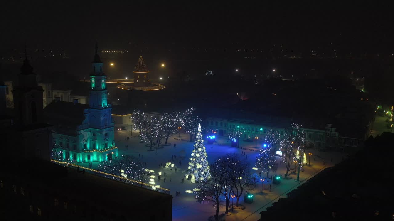 Drone aerial view of Kaunas old town. Town Hall square and Christmas tree
