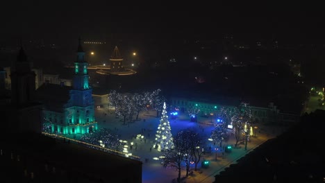 drone aerial view of kaunas old town. town hall square and christmas tree