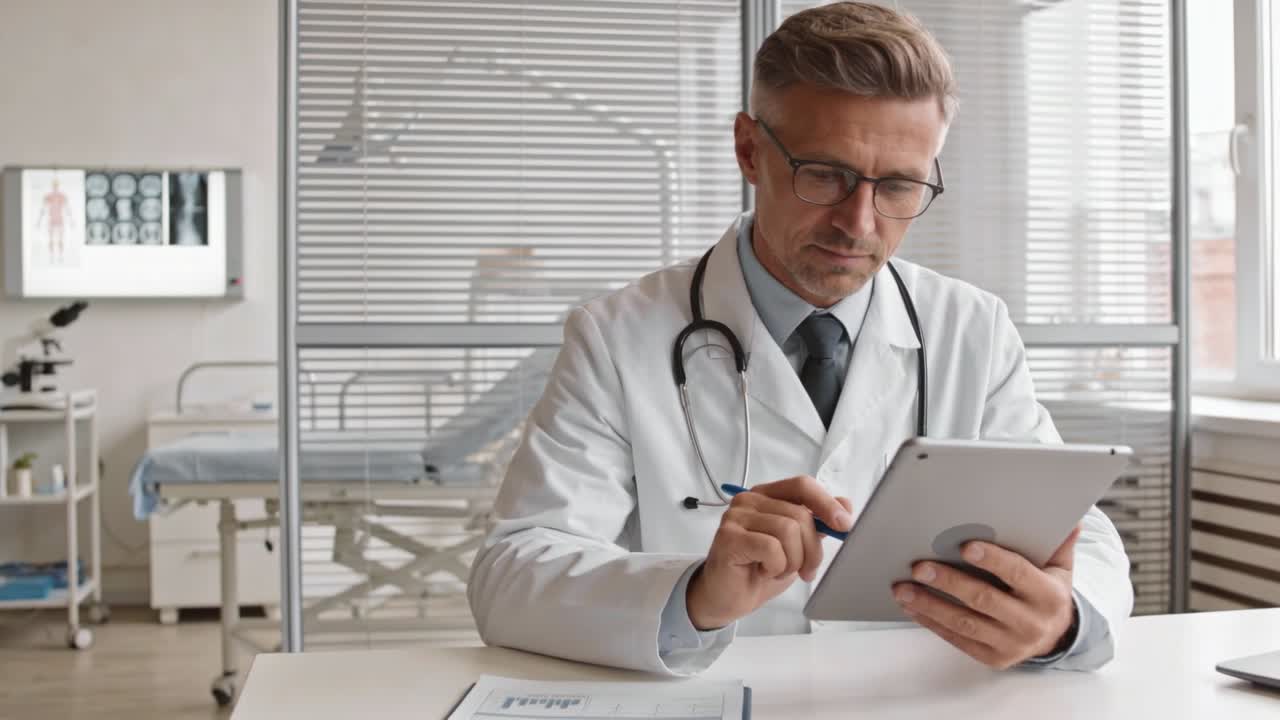 Medico in camice che tocca il tablet e annota la cartella clinica del paziente alla scrivania della clinica, con uno stilo.