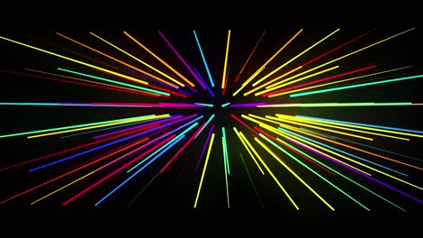 abstract 3d loop background with glowing particles lined up in a row in 3d space. festive vj loop with multicolored particles and smooth animated camera. motion design background.