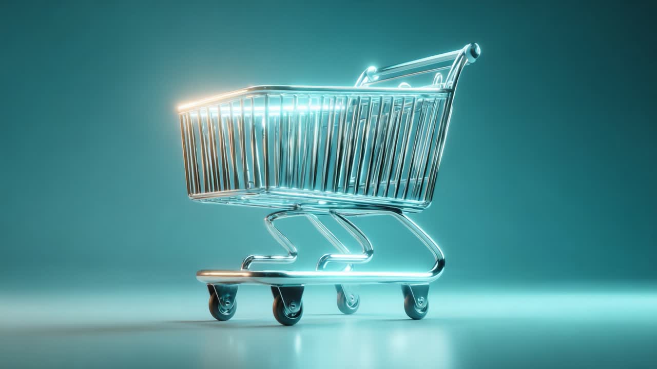 Shimmering Metallic Shopping Cart on a Reflective Surface in an Ethereal Glow, Capturing the Essence of Modern Retail and Consumer Experience