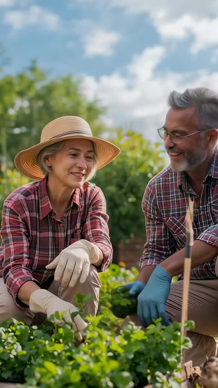 Vídeo vertical: pareja de ancianos señalando y cuidando plantas en un bancal elevado, con camisas de cuadros y guantes