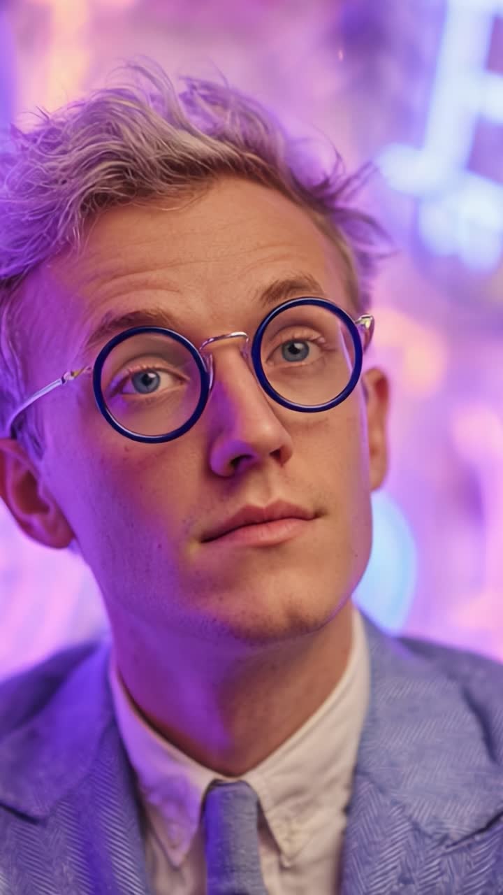 A stylish young man with blue round glasses and tousled hair poses thoughtfully against a vibrant neon background, showcasing modern fashion and artistic expression