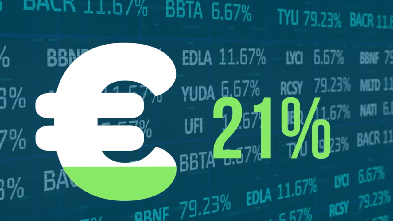 금융 데이터 처리에 대한 퍼센트와 함께 유로 기호의 애니메이션