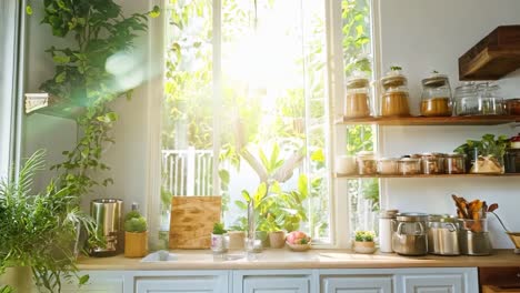 a wooden table top in front of a kitchen window