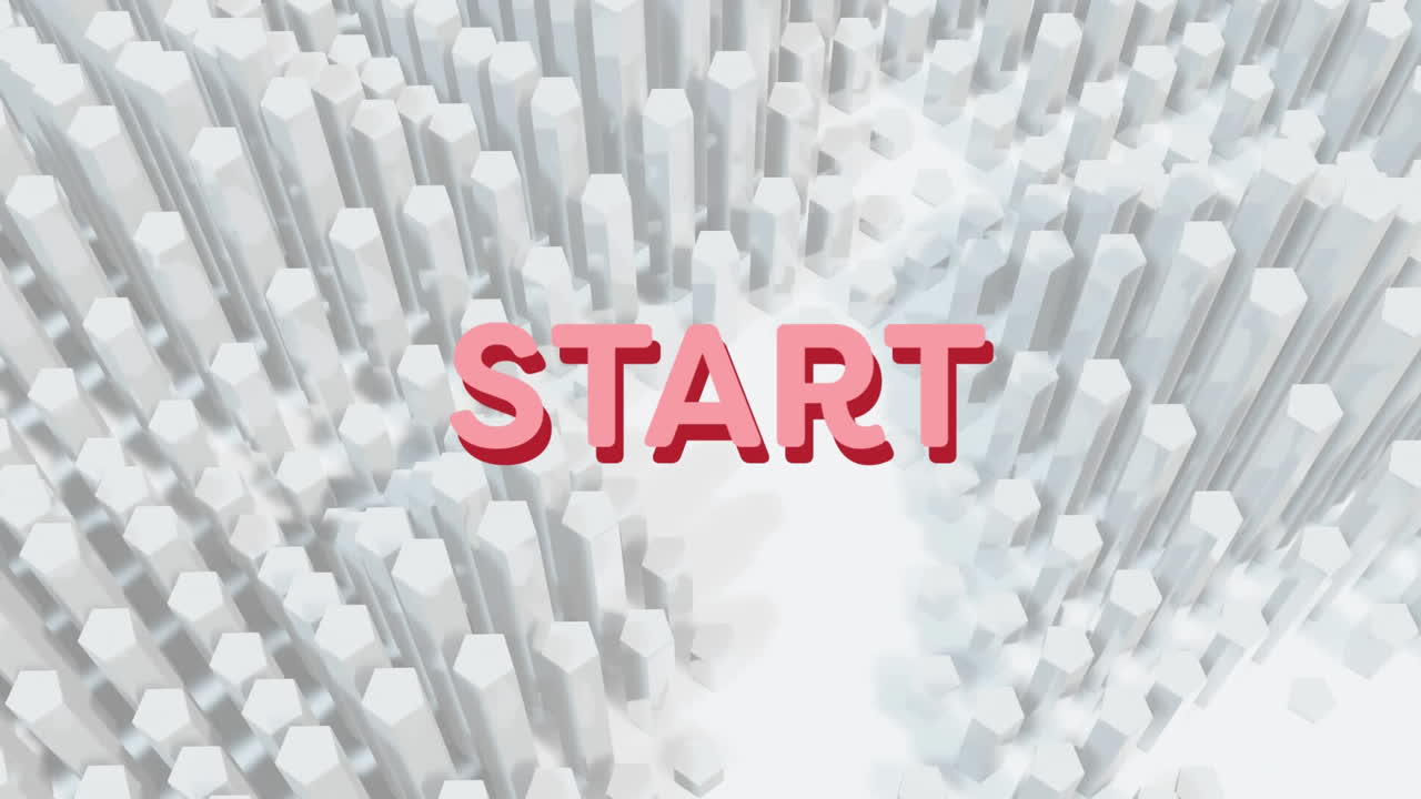 Digital animation of start text against 3d moving shapes on white background