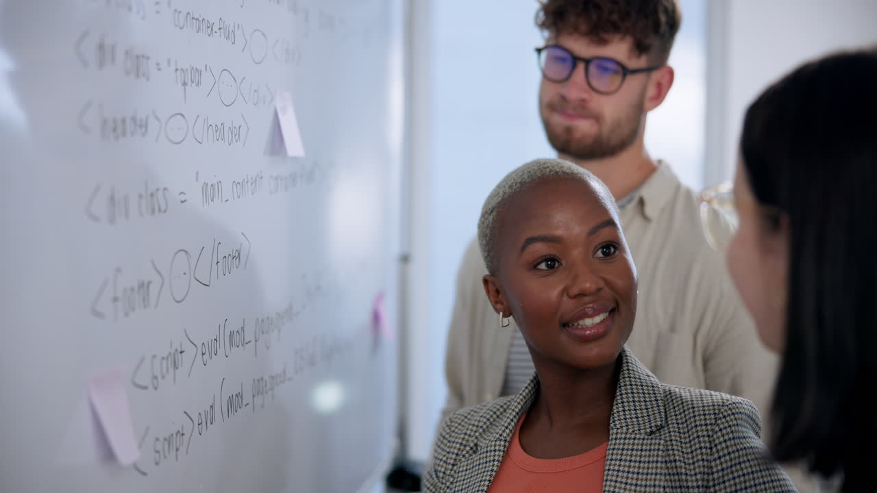 Team discussing code on a whiteboard