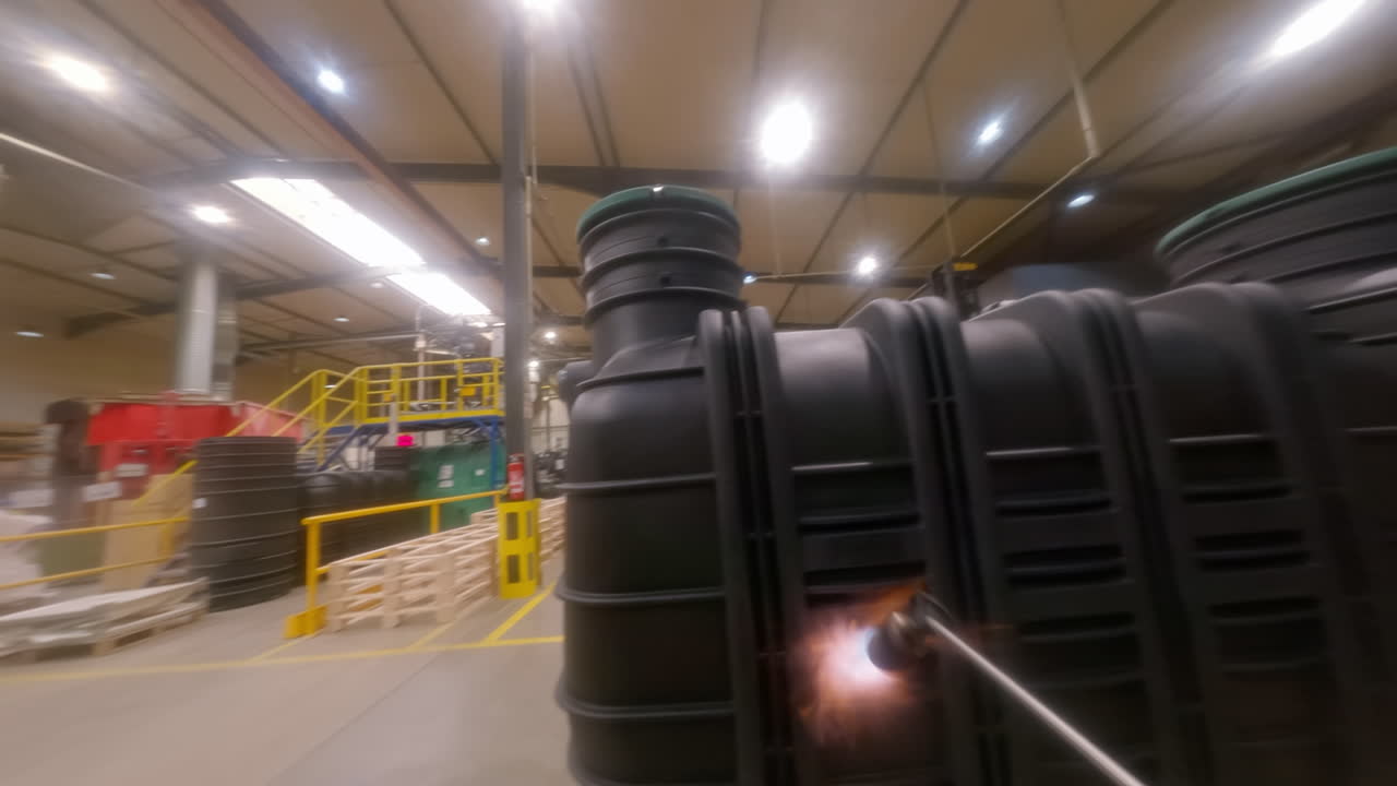 trabajador fpv usando un quemador de gas para limpiar una superficie plástica de su proceso de fabricación de rotomoldeo en una nave industrial, potente movimiento de energía inflamable