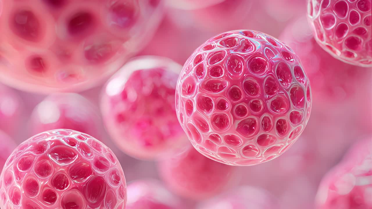 A fascinating closeup view of vibrant pink cellular structures in a microscopic environment