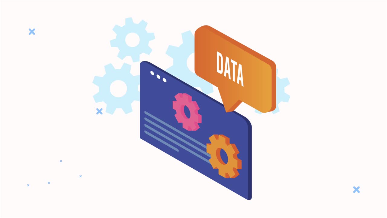 data server analysis animation with webpage template and speech bubble