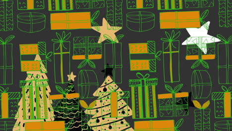 árbol de navidad múltiple y estrellas sobre iconos de regalos de navidad en un patrón sin costuras sobre fondo gris